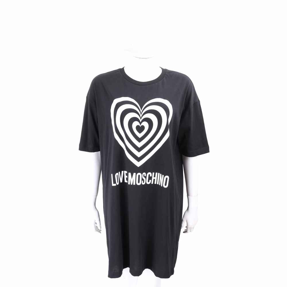 LOVE MOSCHINO 純棉漸層心型印花圖案黑色圓領五分袖長版TEE 洋裝