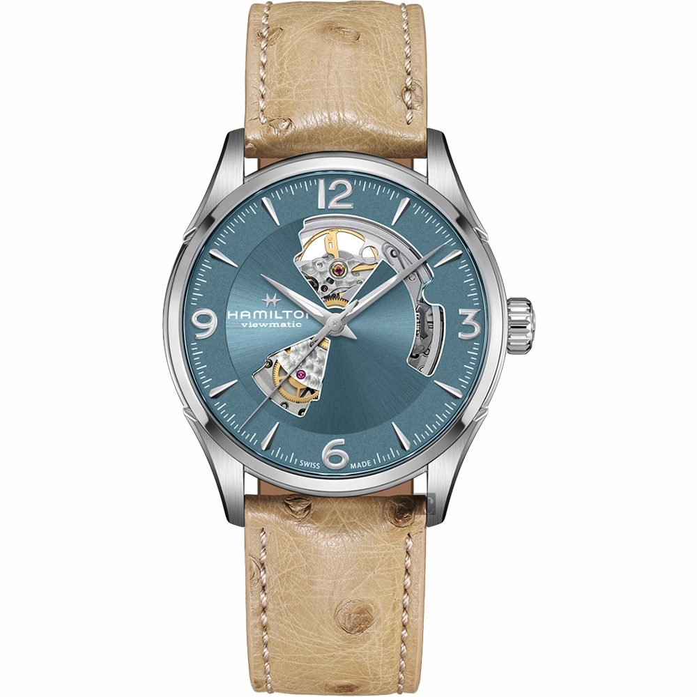 Hamilton 爵士開芯機械手錶(H32705842)-湖水藍x卡其皮帶