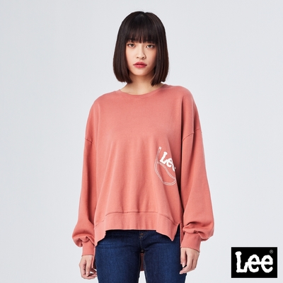 Lee 女款 前短後長口袋Logo長袖圓領大學T/厚T 玫粉