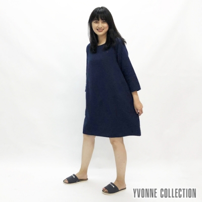 YVONNE 雙層紗剪接腰身七分袖洋裝-丈青