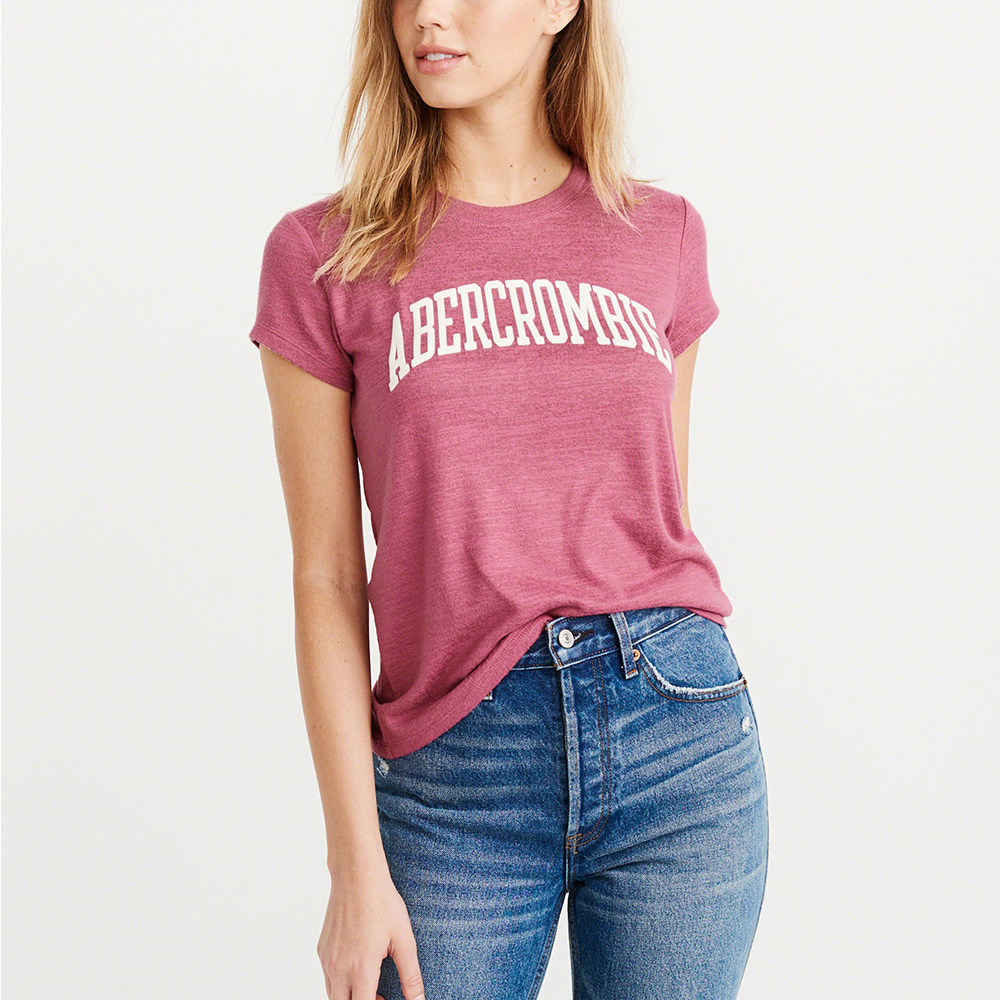 麋鹿 AF A&F 經典刺繡文字設計短袖T恤(女)-桃紅色