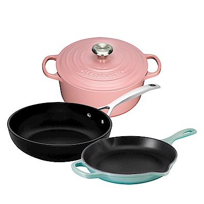 LE CREUSET 琺瑯鑄鐵典藏單柄圓煎盤23cm+圓鍋20cm+TNS單柄煎鍋24cm