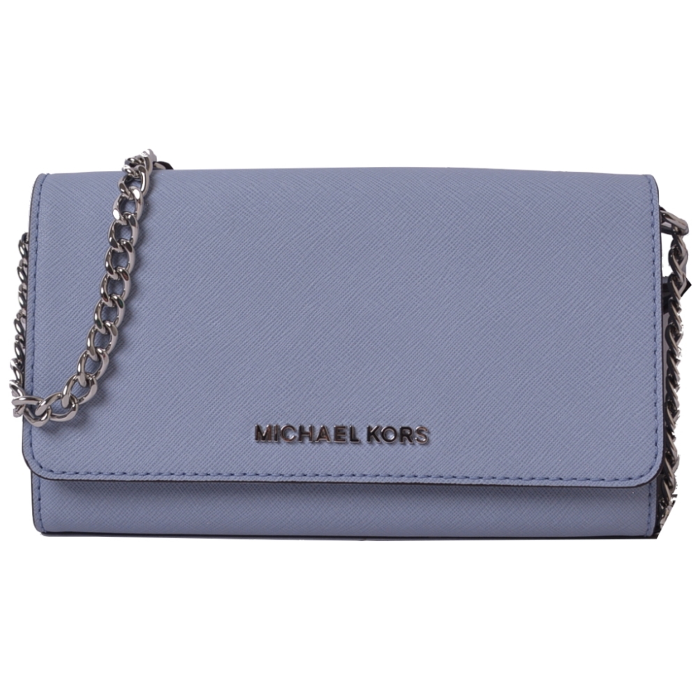 MICHAEL KORS JET SET銀字LOGO防刮皮革長夾/斜背兩用包-天空藍