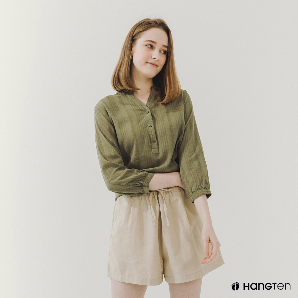 Hang Ten-女裝-棉麻七分袖襯衫-綠