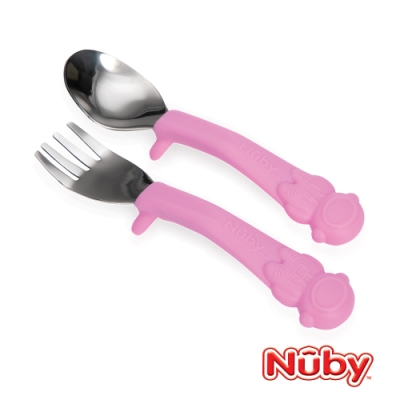 Nuby 不銹鋼叉匙組-太空人-粉