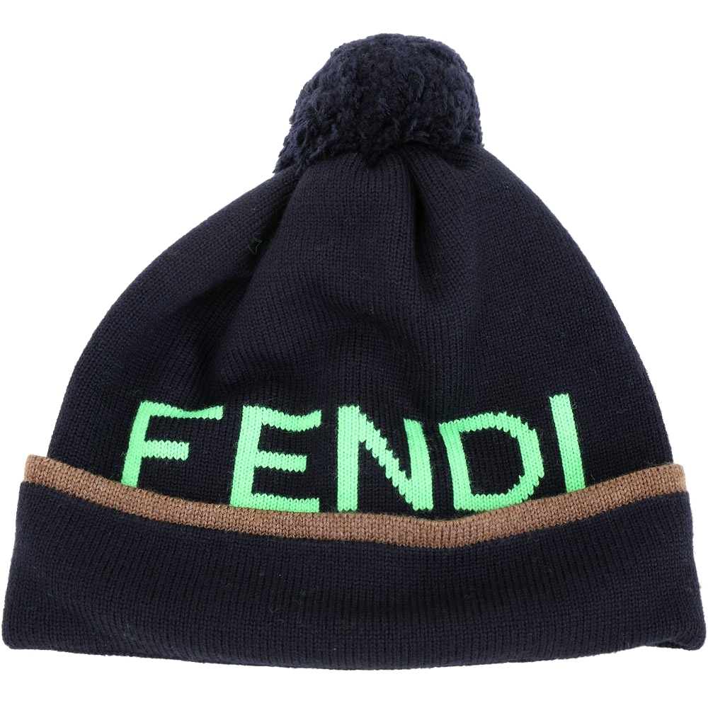 FENDI 草綠LOGO字樣毛球純羊毛針織毛帽(深藍色)