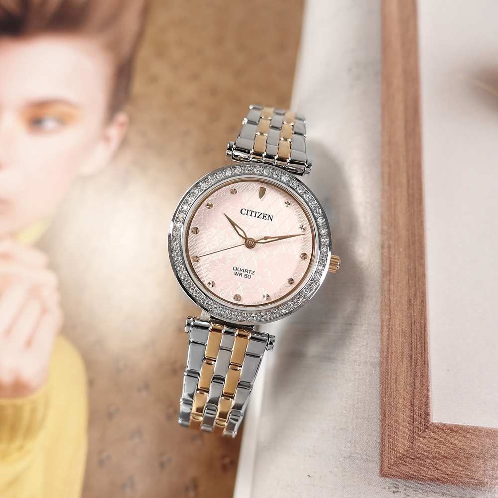 CITIZEN 花樣風采 耀眼晶鑽 礦石強化玻璃 不鏽鋼手錶-粉x鍍玫瑰金/ 30mm