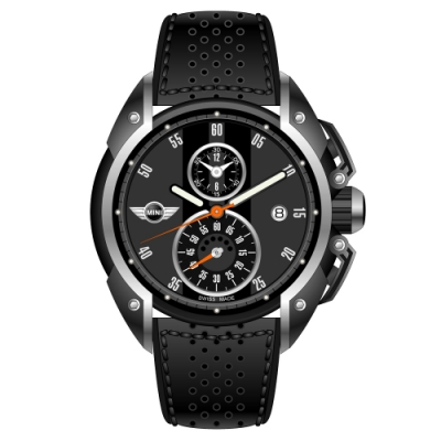 MINI Swiss Watches 石英錶 45mm 灰底黑條兩眼計時 黑色真皮錶帶