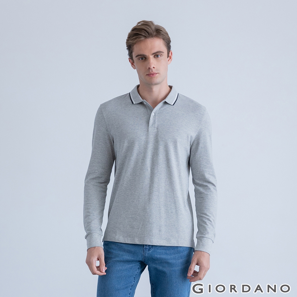 GIORDANO 男裝領邊線條長袖POLO衫 - 03 花灰