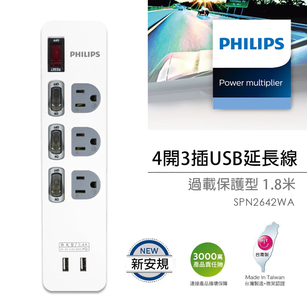 【PHILIPS飛利浦】新安規 4開3插USB延長線 SPN2642WA/96 (1.8米) 白色