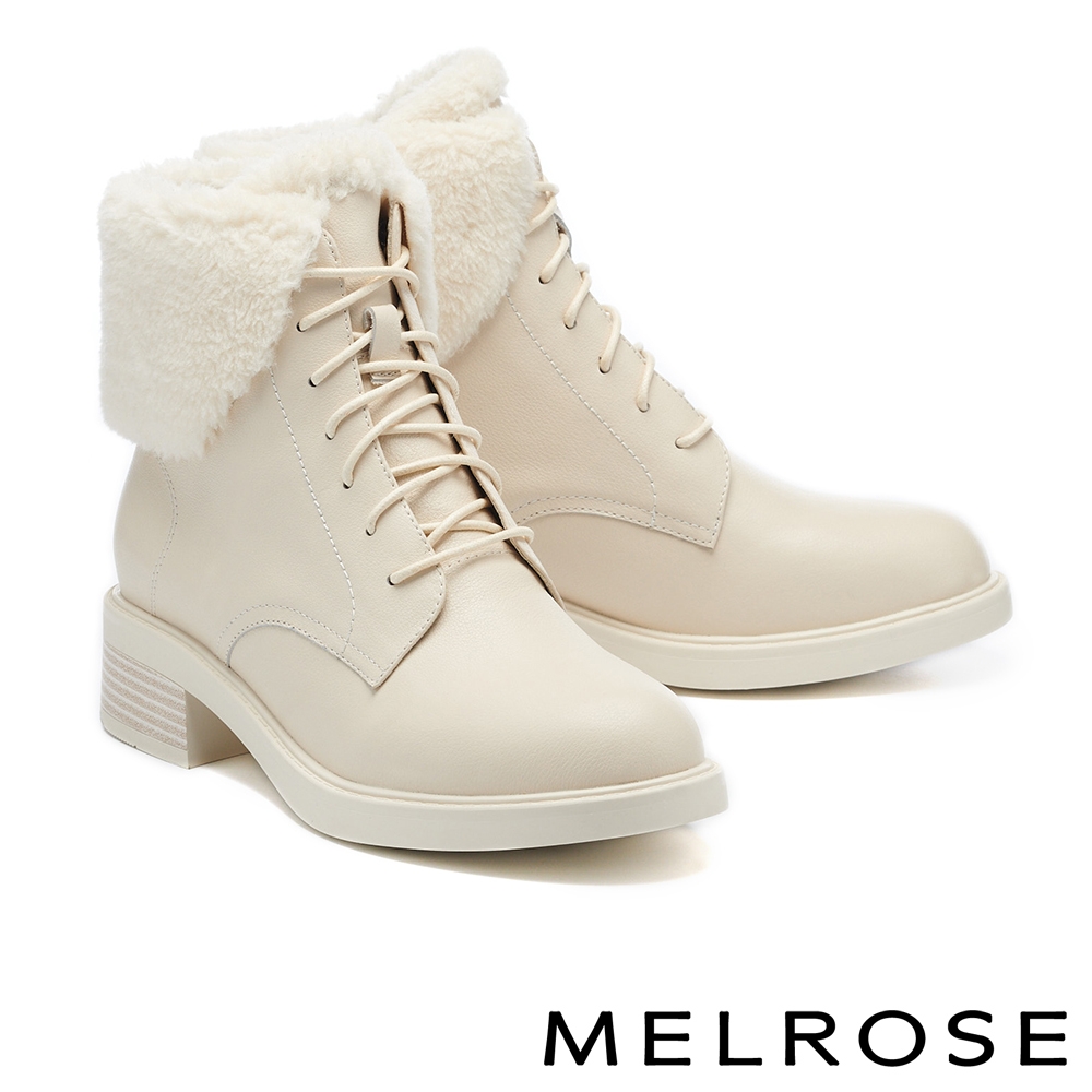 短靴 MELROSE 率性俐落絨毛拼接牛皮綁帶高跟短靴－米白