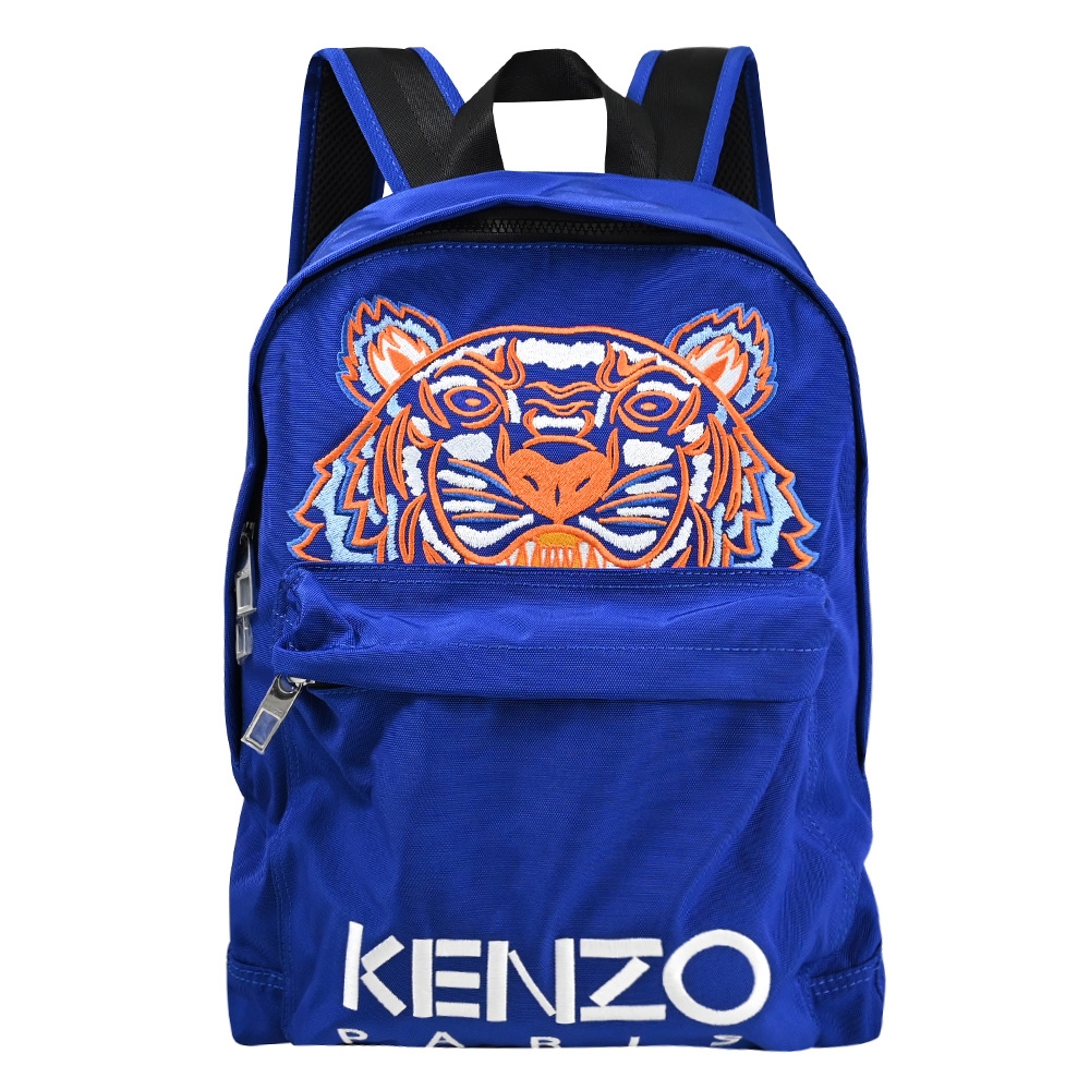 KENZO 電繡老虎圖樣帆布拉鍊休閒後背包(藍/橘LOGO 大)