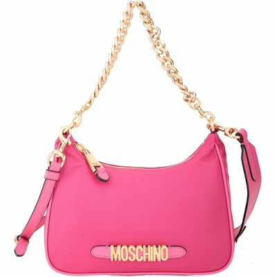 MOSCHINO 金字尼龍雙背帶肩/斜背腋下包(桃紅色)