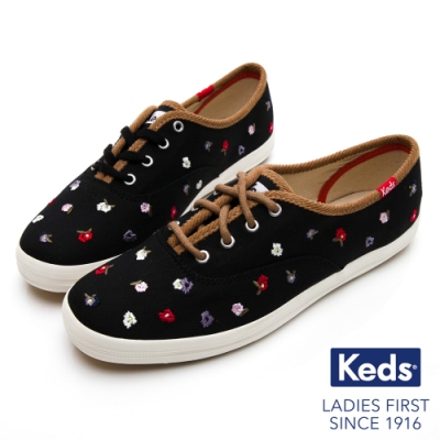 Keds CHAMPION 刺繡小碎花綁帶休閒鞋-黑