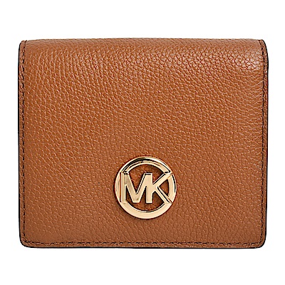 MICHAEL KORS FULTON 金色圓標LOGO荔枝紋皮革短夾-咖啡