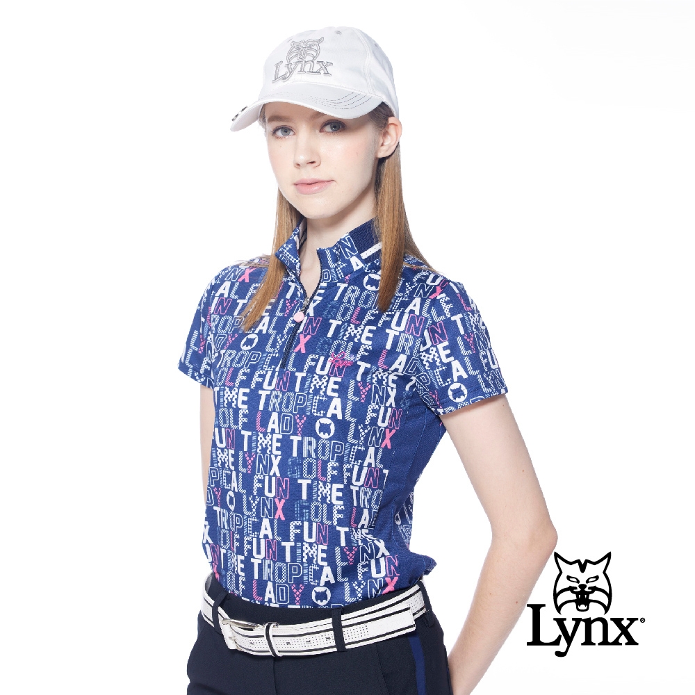 【Lynx Golf】女款吸濕排汗合身版水波紋組織繽紛印花短袖立領POLO衫/高爾夫球衫-深藍色