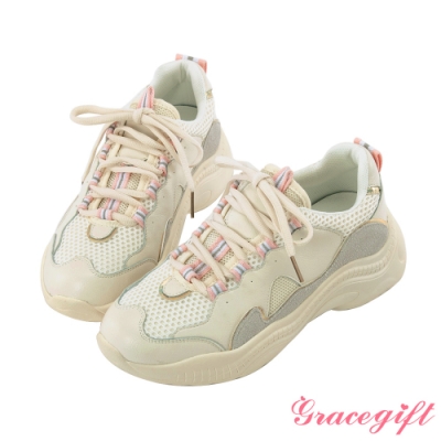 Grace gift-異材質拼接撞色老爹鞋 米白