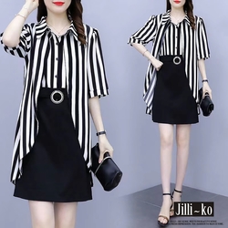 JILLI-KO 假兩件寬鬆條紋拼接設計高腰雪紡洋裝- 黑色