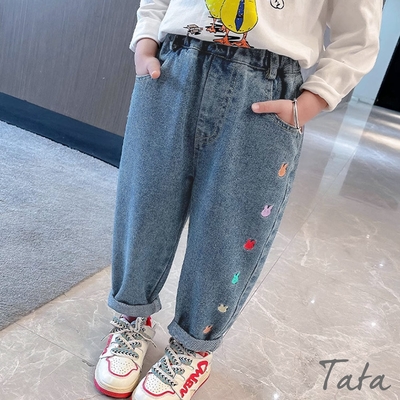 TATA KIDS 童裝 多彩兔子刺繡鬆緊腰牛仔長褲