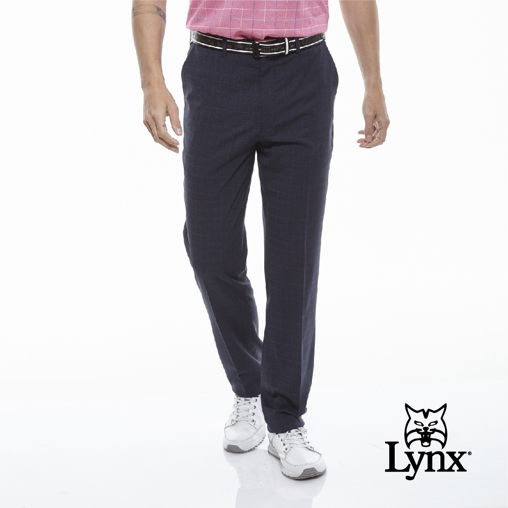 【Lynx Golf】男款歐洲進口布料伸縮腰頭復古葛倫格紋平口西裝長褲-深藍色