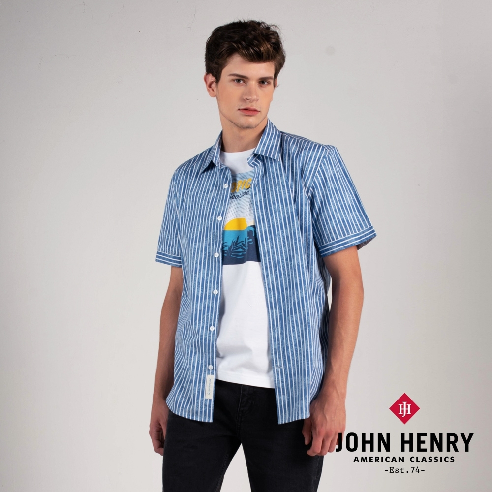 【JOHN HENRY】美國棉隱約鳳梨條紋短袖襯衫(二色)