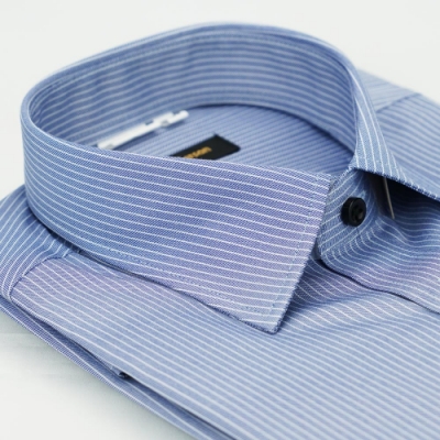 金安德森 深藍底白條紋黑釦窄版短袖襯衫