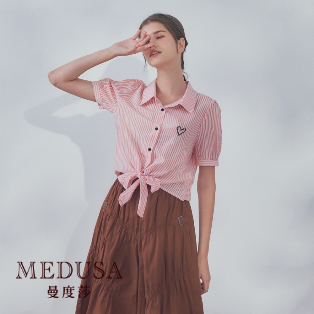 現貨【MEDUSA 曼度莎】I'Care 小愛心直紋下襬綁結上衣（F）｜女上衣 短袖上衣 襯衫