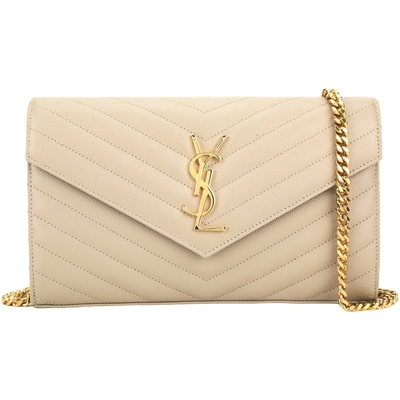 YSL Saint Laurent Monogram V紋魚子醬牛皮鍊帶斜背包(大型/粉裸色)