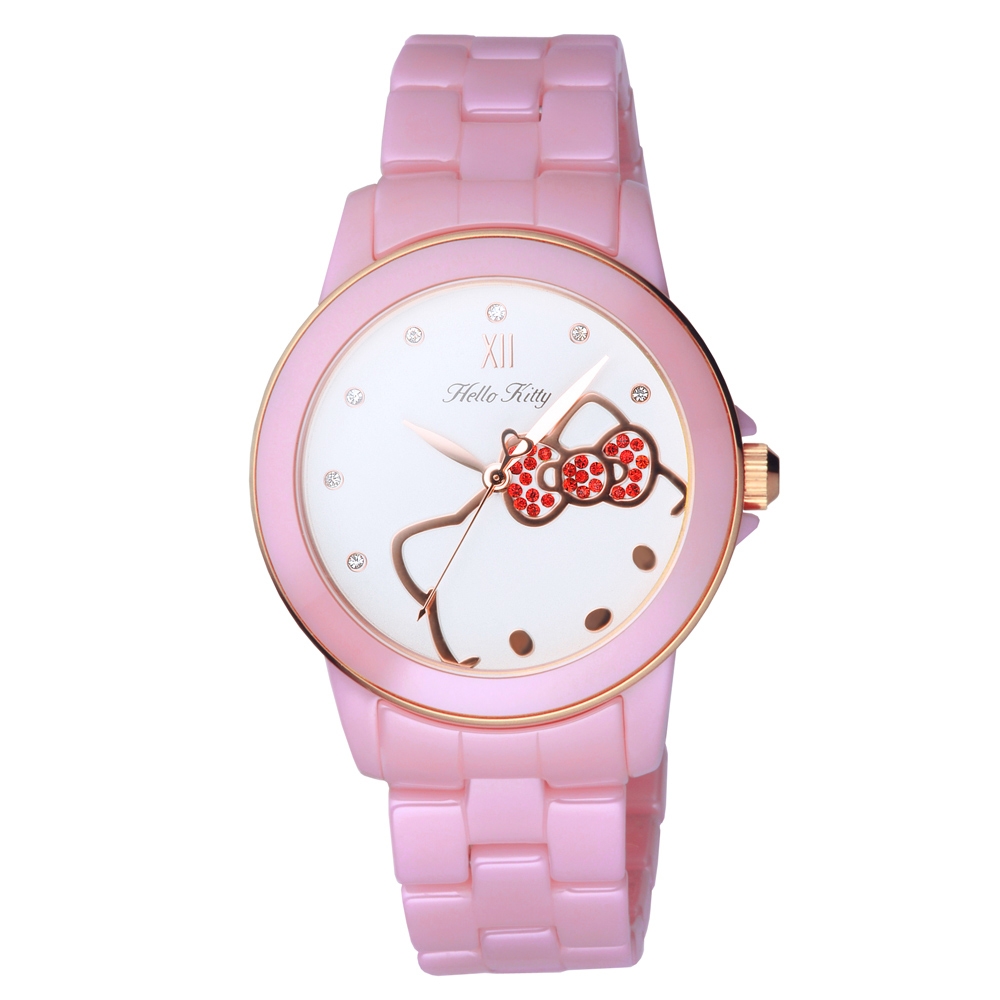 HELLO KITTY 花園迷藏時尚陶瓷腕錶-玫瑰金x粉-LK673LPWI-36mm