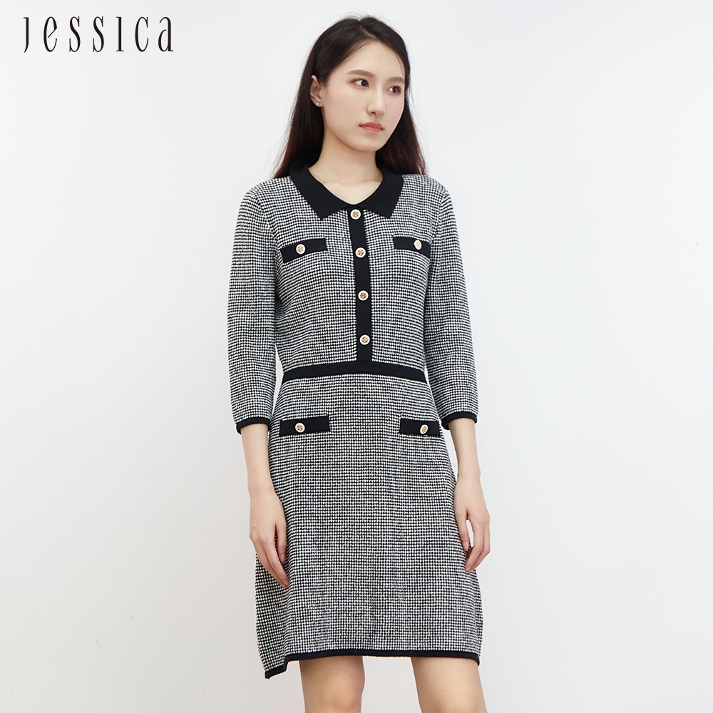 JESSICA - 法式優雅精緻修身翻領針織洋裝J30430（黑）
