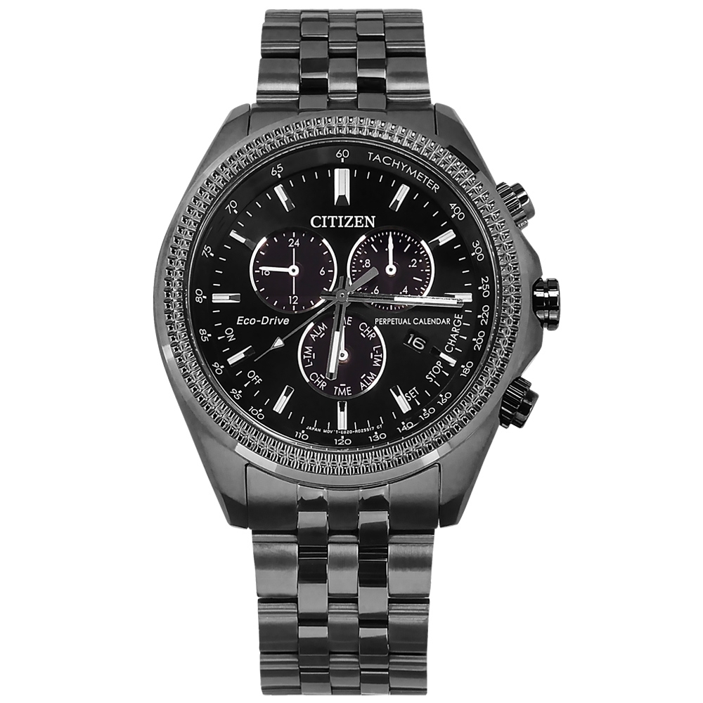 CITIZEN 光動能 萬年曆 礦石強化玻璃 兩地時間 不鏽鋼手錶(BL5567-57E)-黑x鍍灰/43mm