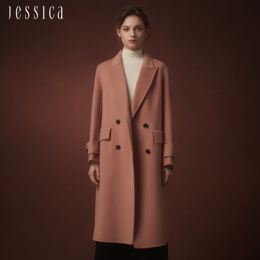 JESSICA - 氣質修身保暖顯瘦翻領羊毛大衣外套J35C01（粉）