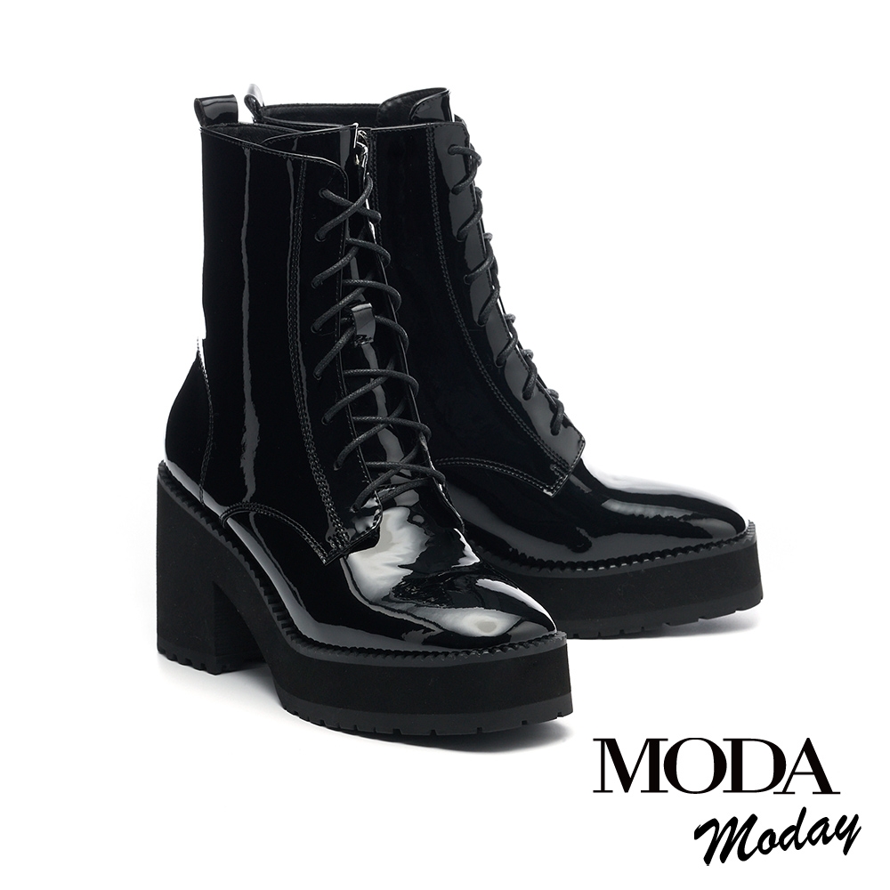 短靴  MODA MODAY 質感率性牛漆皮造型綁帶水台高跟短靴－黑