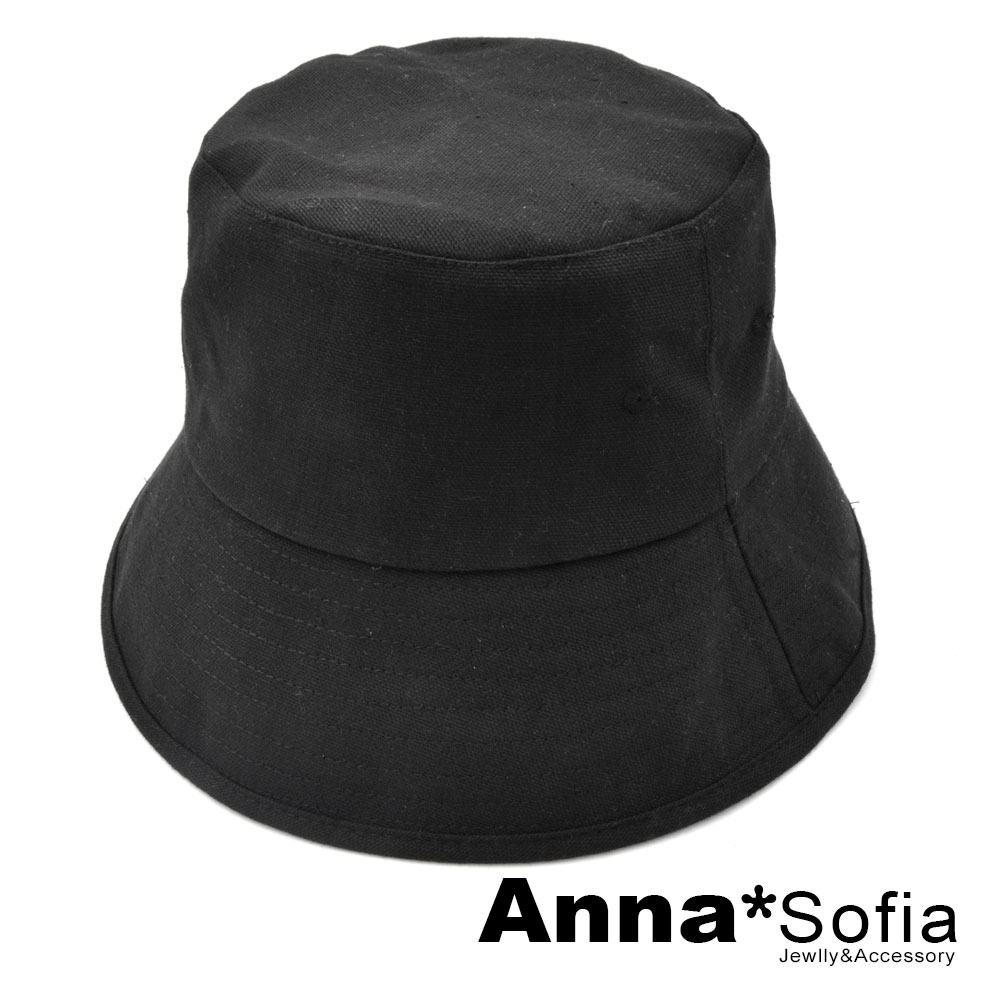 AnnaSofia 簡約中性單色厚布 遮陽防曬漁夫帽盆帽(黑系)