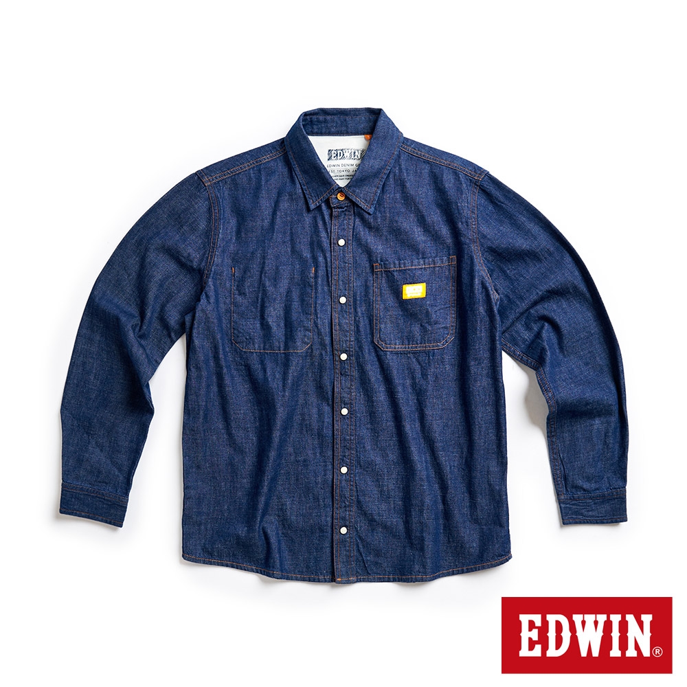 EDWIN 橘標 水洗貼袋設計長袖襯衫-男-原藍色