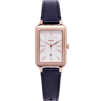 FOSSIL 羅馬時間刻度皮革錶帶手錶(ES5310)-銀色面x黑色/24x32mm