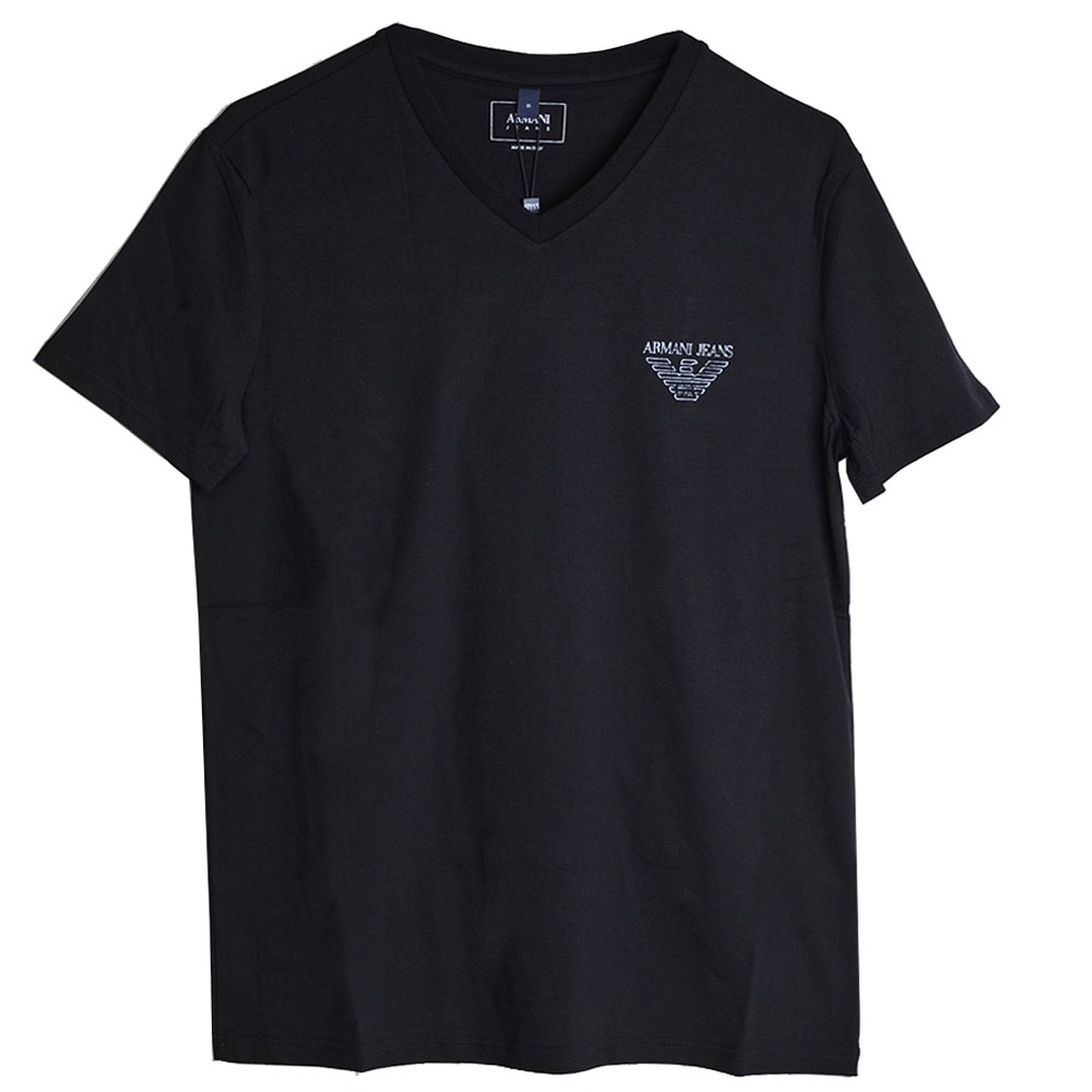 ARMANI JEANS 義大利製品牌LOGO圖騰V領T恤(黑/M號)
