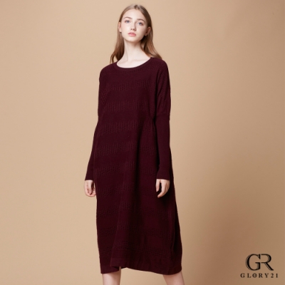 GLORY21羊毛寬鬆繭型洋裝_酒紅