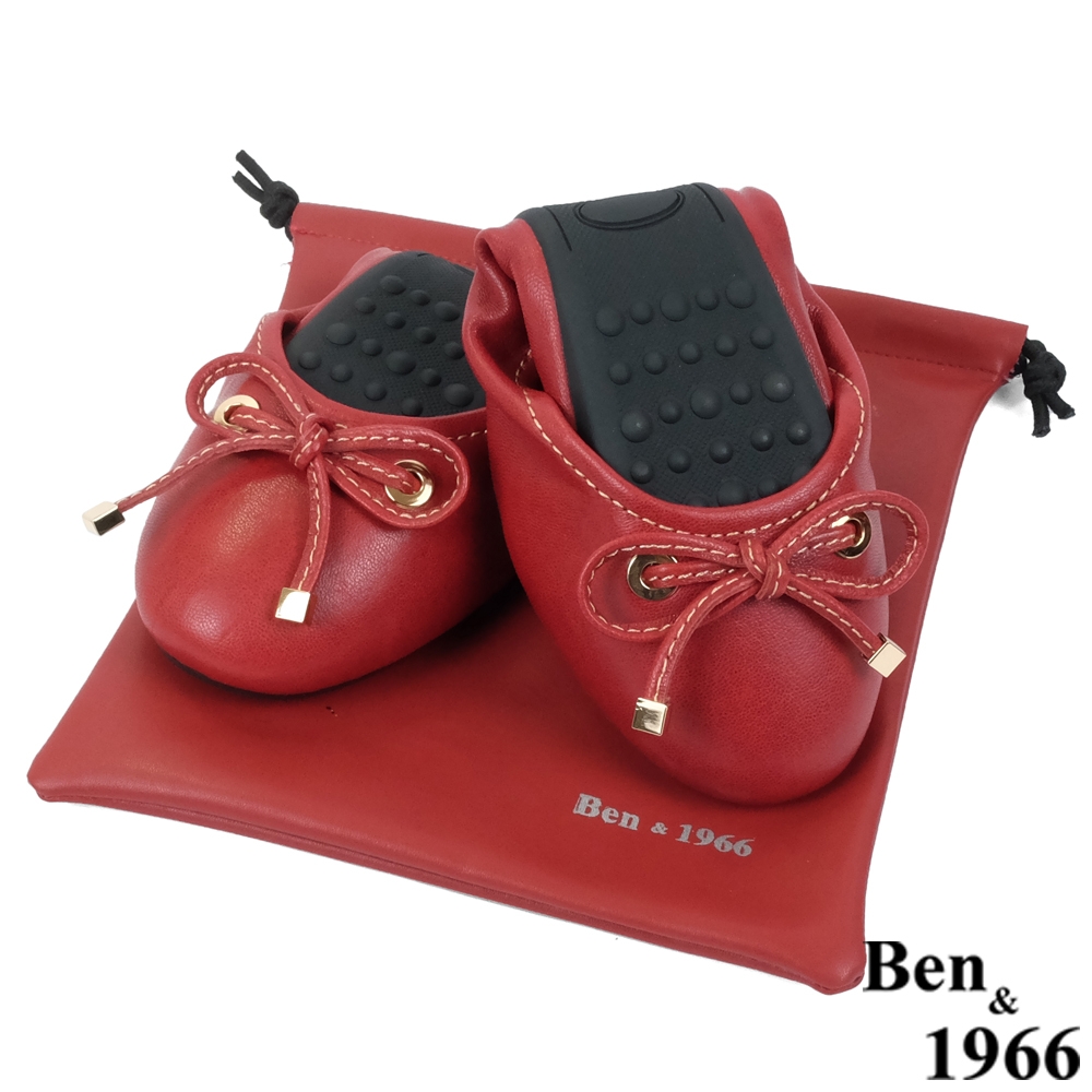 Ben&1966高級植鞣羊皮舒適百搭蝴蝶結摺疊鞋-紅(2360033)