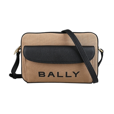 BALLY Bar Daniel經典黑字LOGO帆布拼接牛皮拉鍊斜背包(沙x黑)