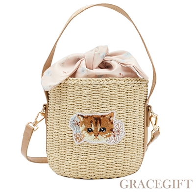【Grace Gift】PAUL & JOE聯名-小棕貓電繡大頭藤編手提肩背水桶包 粉