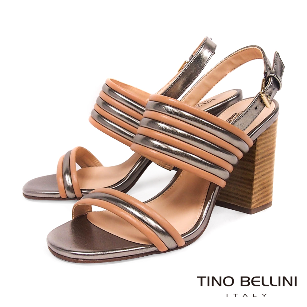 Tino Bellini 巴西進口跳色條帶高跟涼鞋 _ 杏