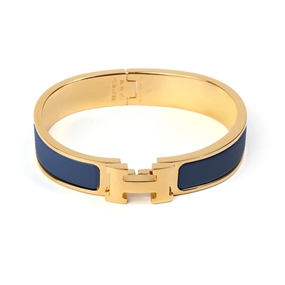 【Hermes 愛馬仕】 H700001F 87 經典Clic H LOGO琺瑯金色窄版手環(深藍色)
