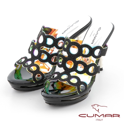 【CUMAR】雷射鏤空排鑽防水台高跟涼拖鞋-黑