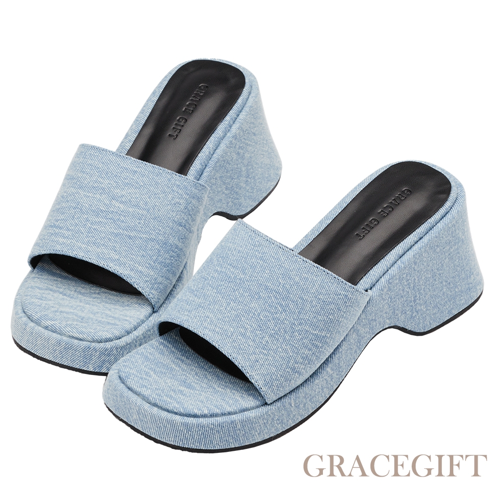 【Grace Gift】時髦圓方頭厚底拖鞋 牛仔