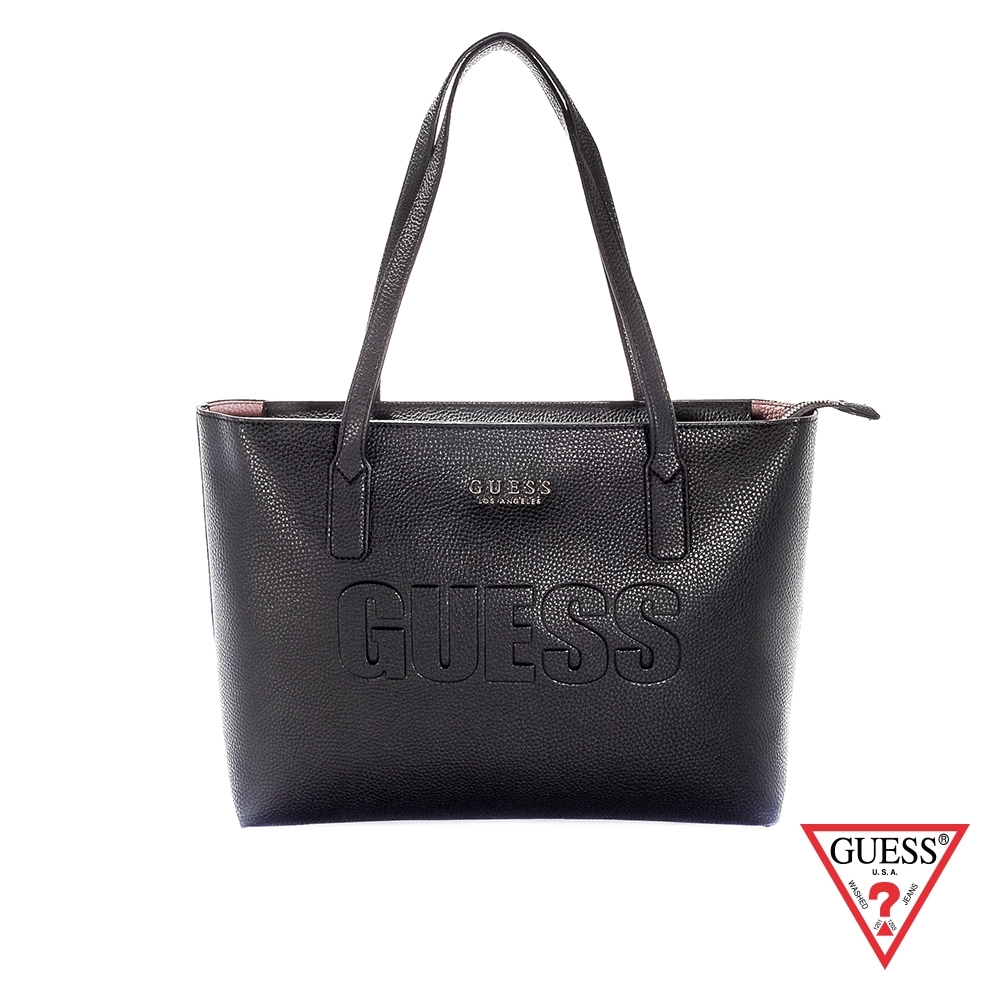 GUESS-女包-LOGO壓印皮革肩背托特包-黑 原價3090