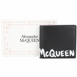 Alexander McQueen 塗鴉簽名黑白款小牛皮零錢袋對折短夾