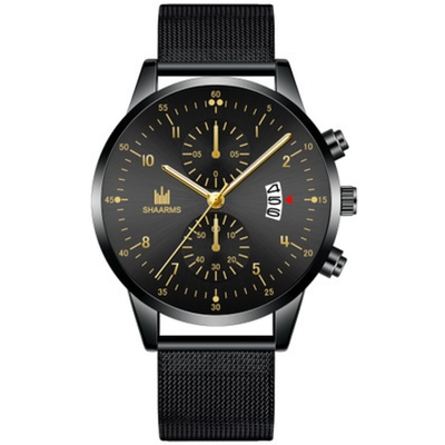 SHAARMS 潮流時尚商務仿二眼日曆米蘭帶手錶-黑面黑帶金針/42mm