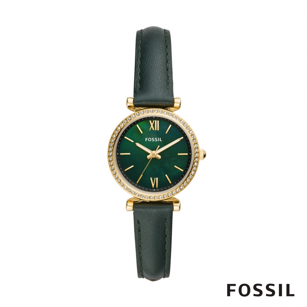 FOSSIL CARLIE MINI 復古金色皮革鑲鑽女錶-雲杉綠 28MM ES4651