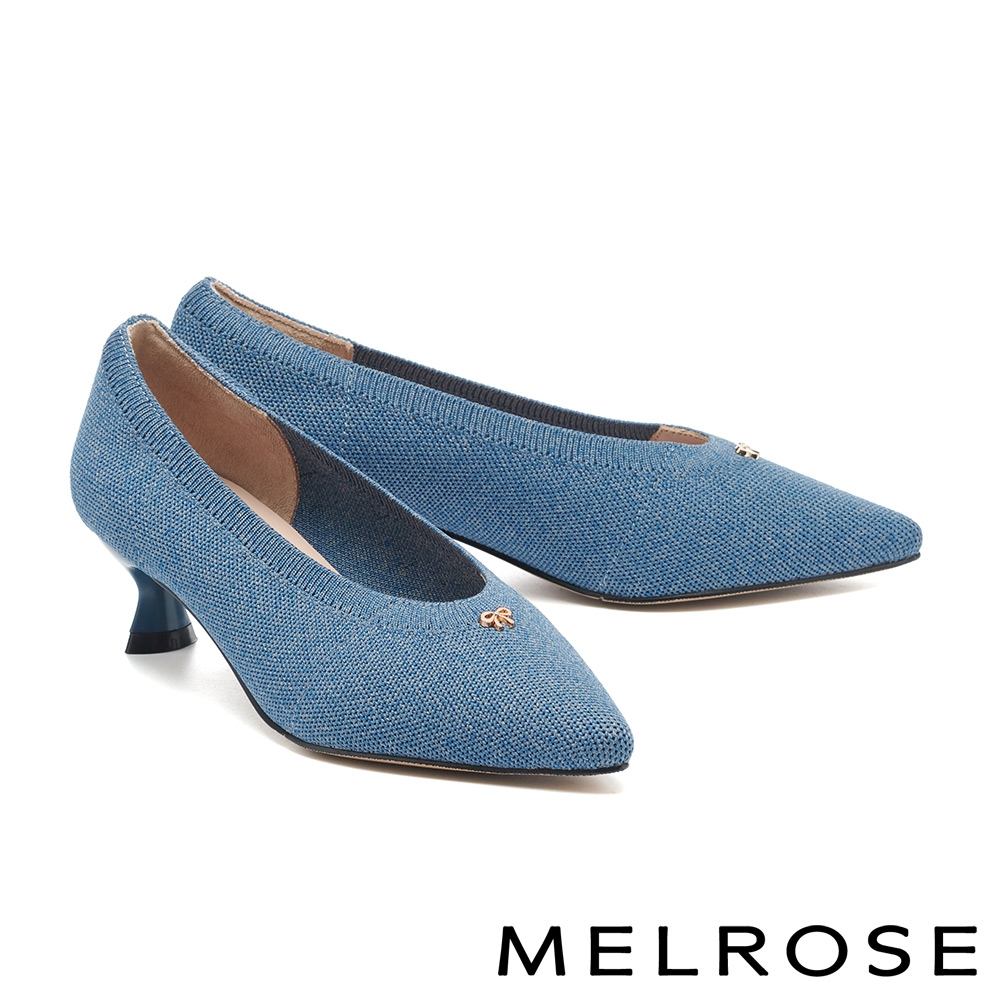 高跟鞋 MELROSE 美樂斯 甜美氣質小蝴蝶結飛織布尖頭高跟鞋－藍